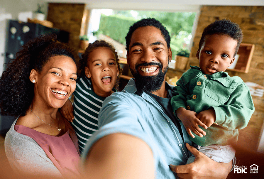 Happy family in their new home after getting pre-approved for a mortgage.